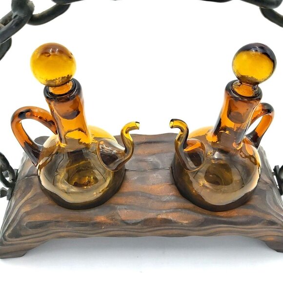Alder Wood With Amber Glass  and Wrought Iron Handle Cruet Set- Oil & Vinegar - Picture 3 of 10